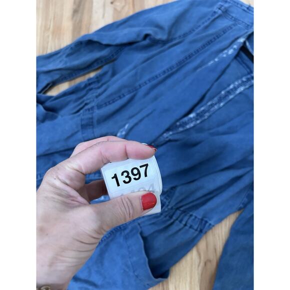 Hei Hei Anthropologie Linen Chambray Jacket Cascade Cardigan Open Blue Long SM - Picture 11 of 11